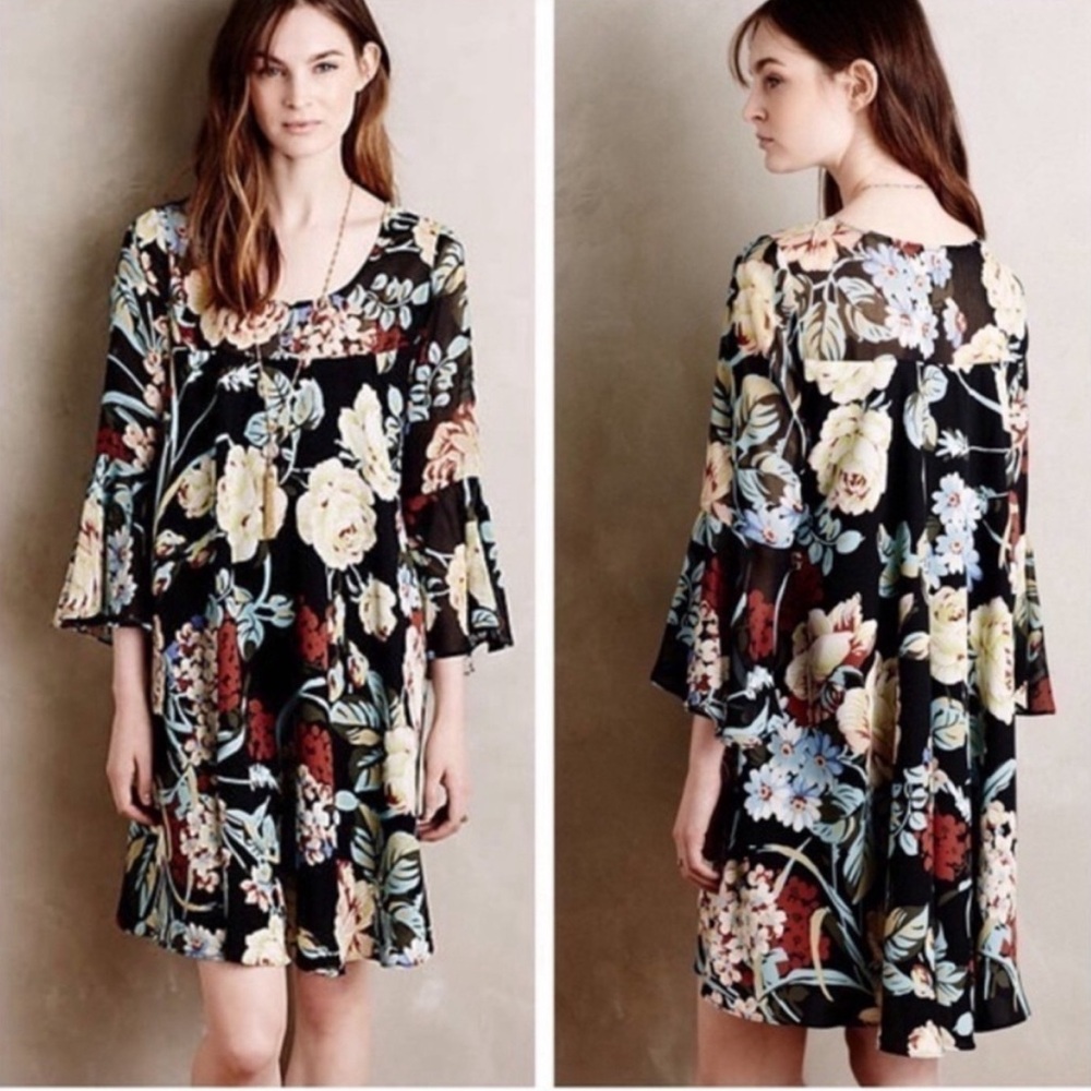 Anthropologie Paper Crown Endora Swing Dress black floral Large